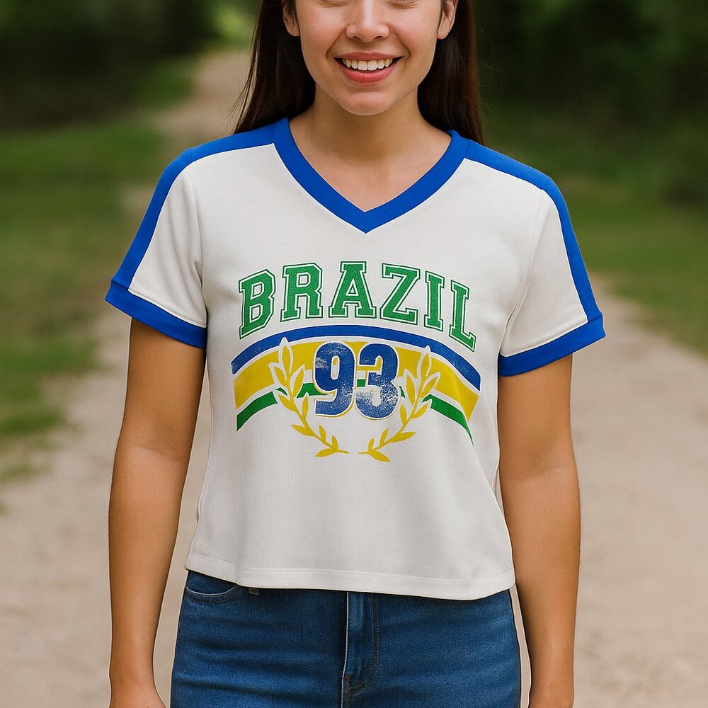 BP. Brazil 93 Retro Ringer Graphic Tee White Blue Ribbed Crop Top L
